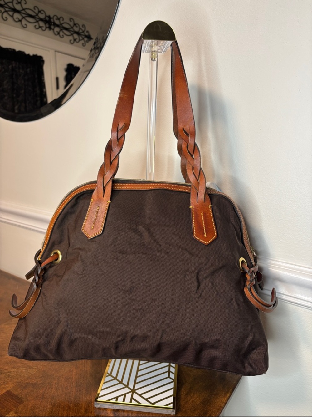 🔥LOW START Dooney & Bourke brown nylon domed satchel w/ braided leather handles - Picture 4 of 16